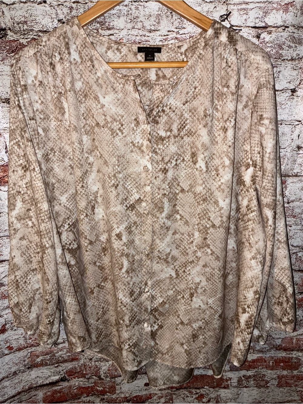 Ann Taylor Neutral Taupe Snake-Print Button Front Blouse